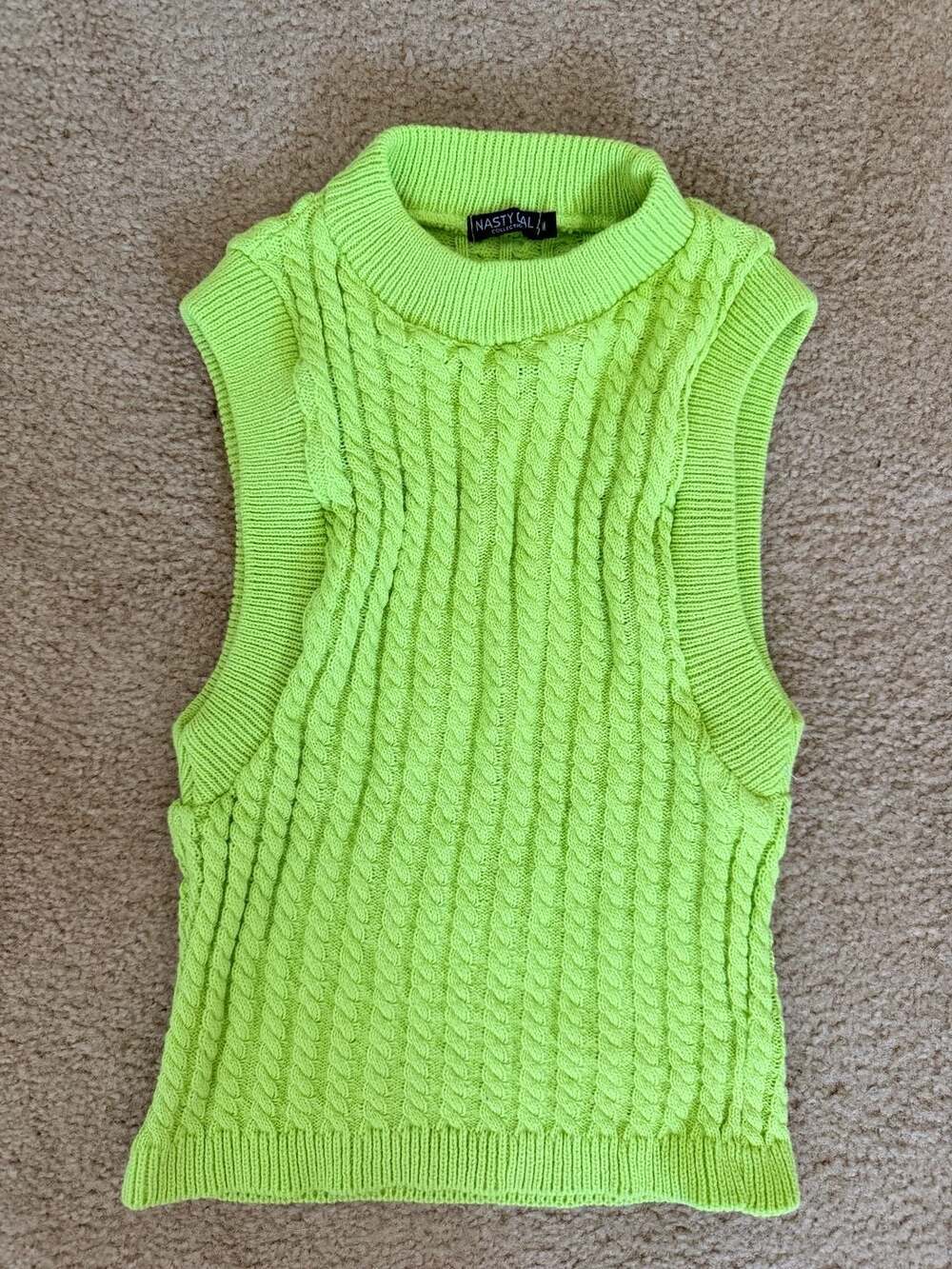 Nasty Gal Lime Green Cable Knit Sweater Vest Mock Neck Soft Girl Preppy Size M - Picture 3 of 5